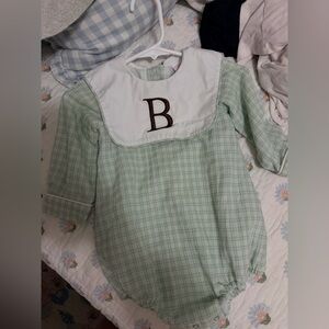 18 months Green Plaid Baby Romper with brown “B” Monogram (never worn)